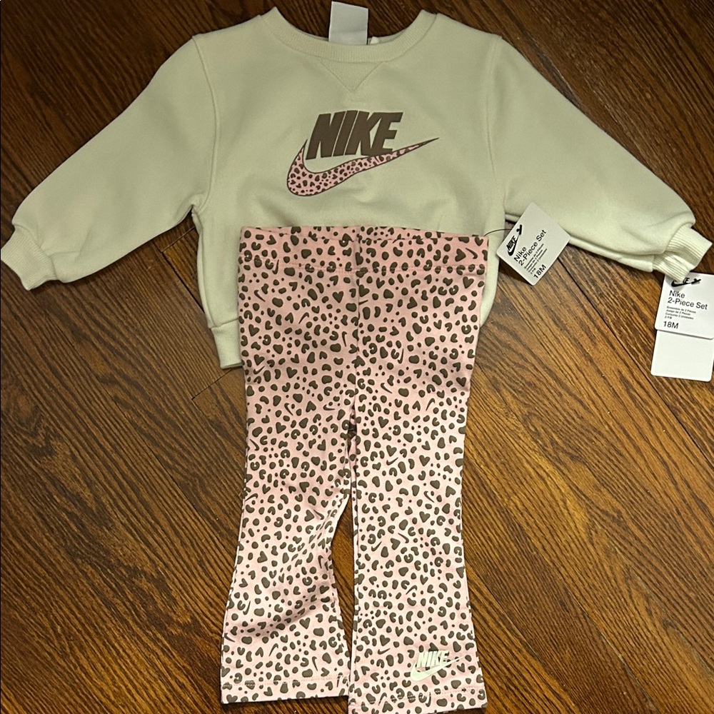 Nike Cream Sweatshirt and Pink Leopard Pants Set